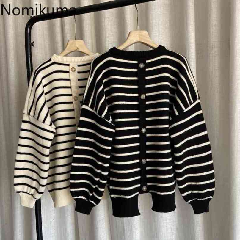 Nomikuma Causal Striped Women Pullover Sweater Korean Back Buttons Pull Femme Autumn Winter Oversized Knitted Tops 6D191 210427