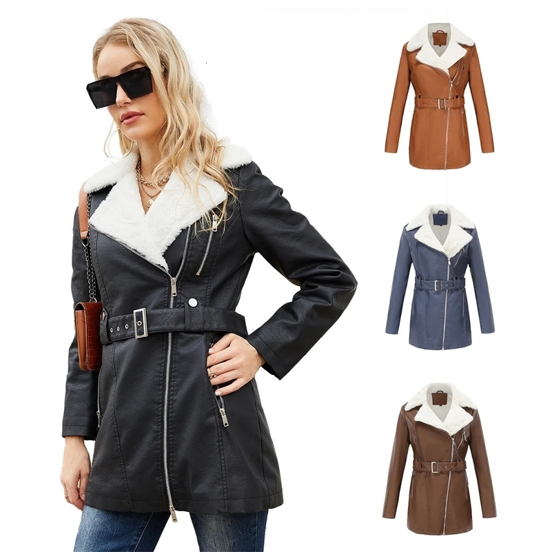YJKDYK 2024 AutumnWinter Womens Jacket Velvet Leather Double Head Zipper Belt Warm 241211Z