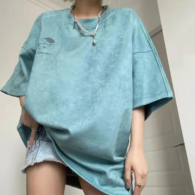Summer Reflective Print American Loose ShortSleeved TShirt Mens and Womens Suede Top y2k FourPointed Star of Thorns Trendy 240619