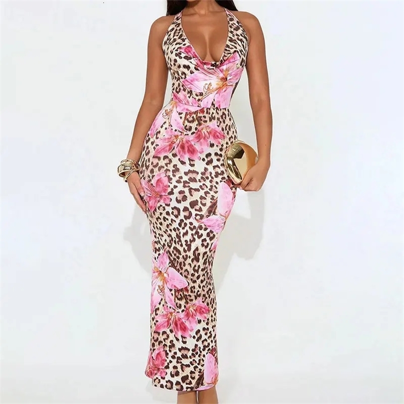 Womens Clothing Dress Summer Sexy Backless Print Leopard V-Neck Dresses Streetwear Fashion Halter Lace-up Dresses Clothing 250522
