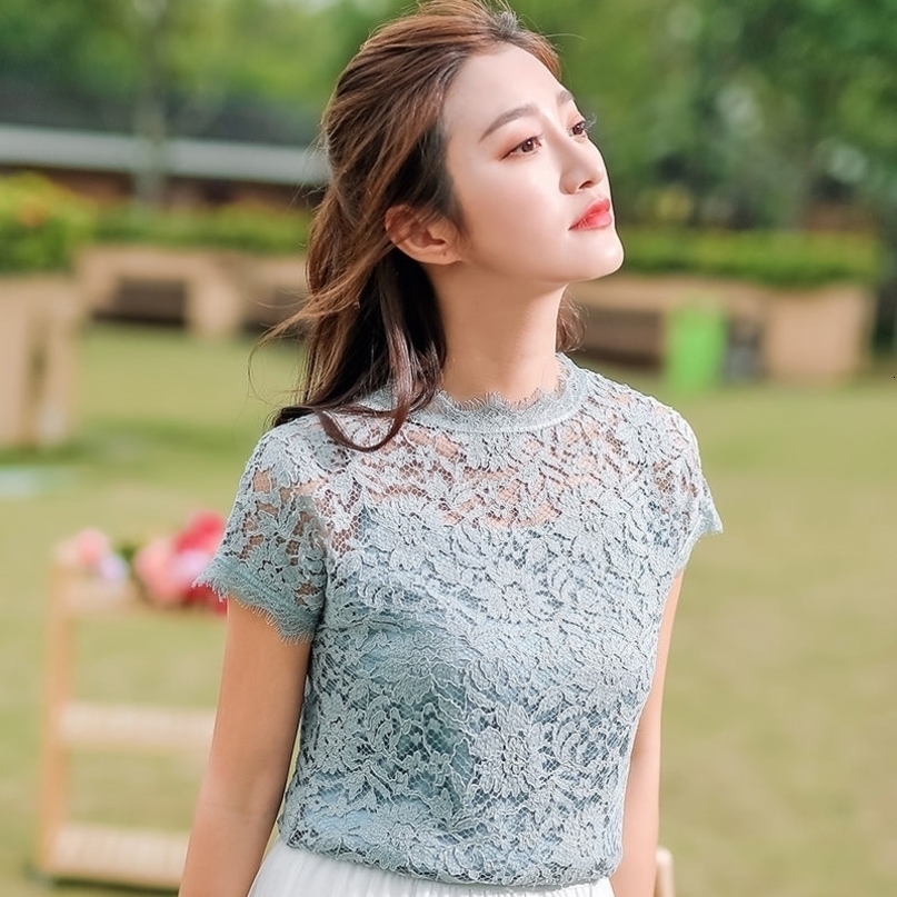 Women's Spring Summer Style Lace Blouses Shirt Women's Solid Color Embroidery O-neck Short Sleeve Korean Elegant Lace Top DD8629 210317