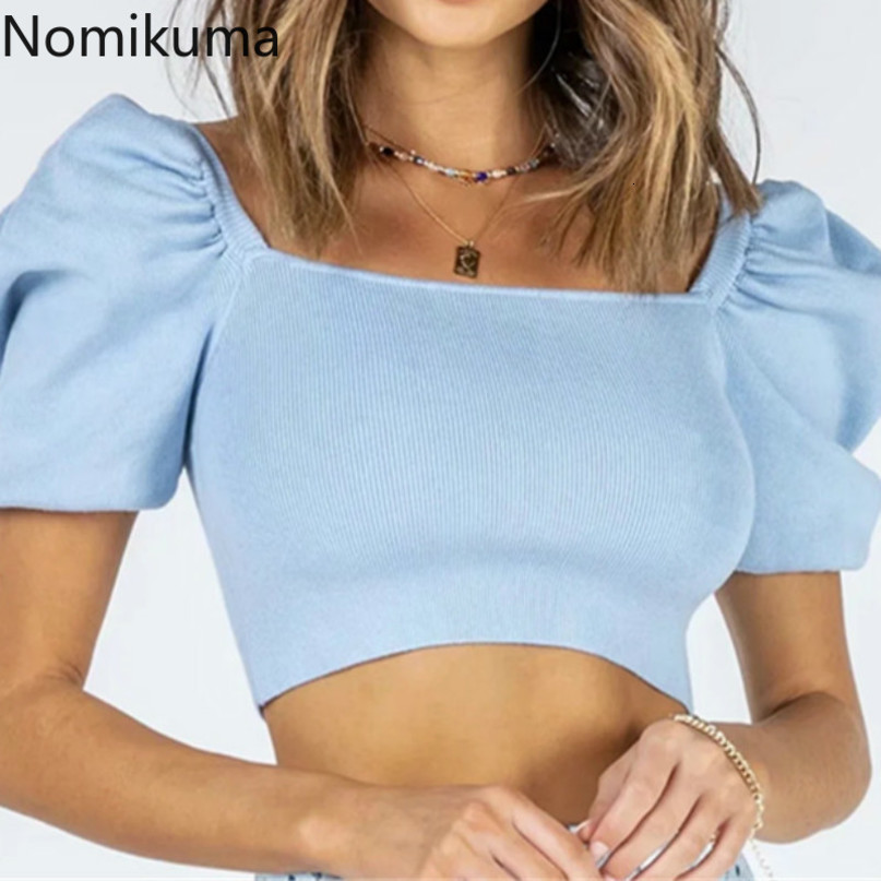 Nomikuma Vintage Puff Short Sleeve Knitted Graphic Tees Women Square Collar Slim Crop Top Shirt Spring New T Shirts 6E756 210427