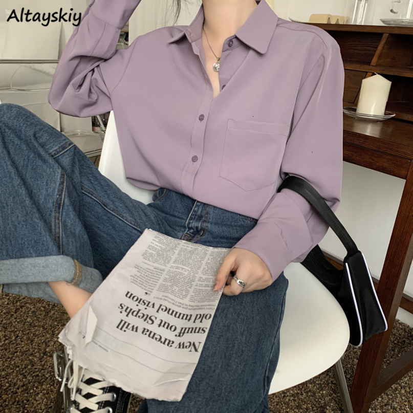 Womens Blouses Shirts Women Pure Elegant Office Lady Simple Korean Style Leisure Long Sleeve Allmatch Loose Daily Thin Chic 230404