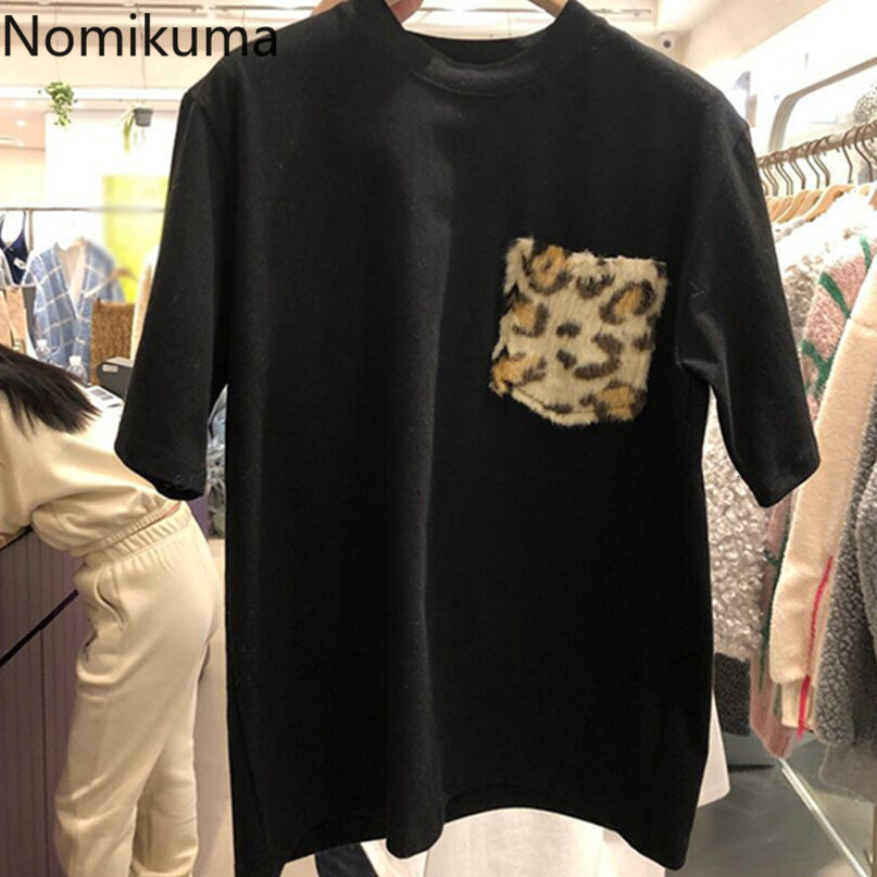 Nomikuma Leopard Pocket Patchwork T-shirts Causal Short Sleeve O-neck Graphic Tees Spring Summer New Women Tops Shirt 6E328 210427