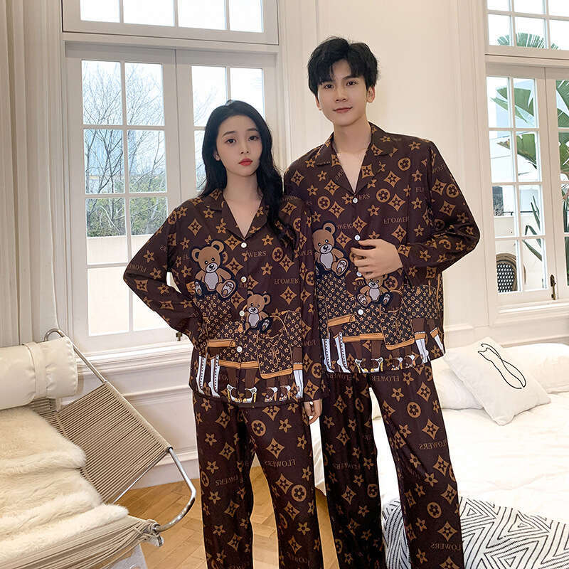 For And Autumn New Ice Couple Pajamas Women, High-End Thin Imitation Silk Long-Sleeve Cartoon Homewear Designer Spring Men