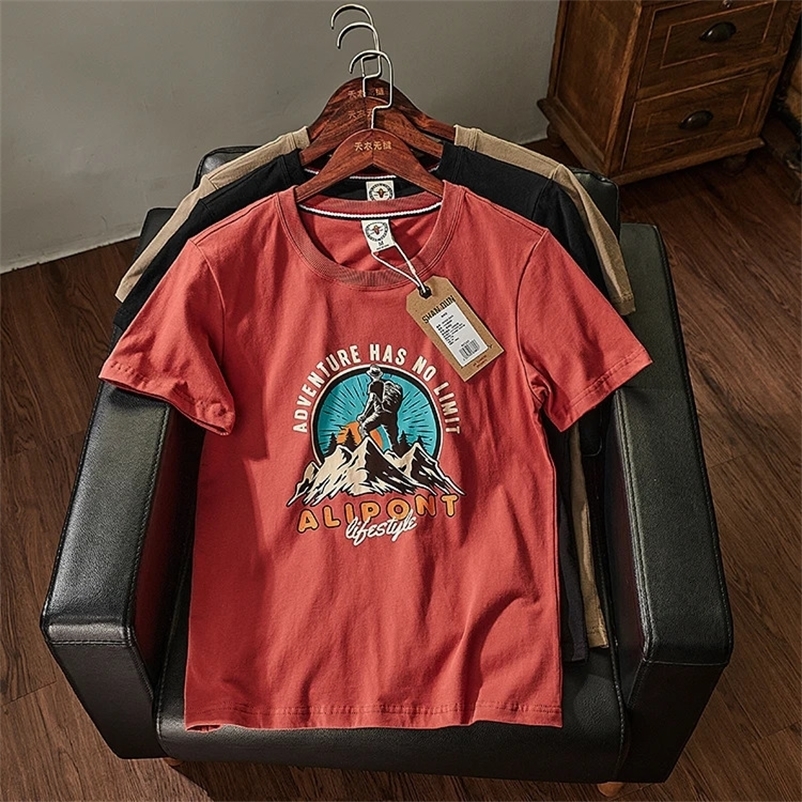 Summer American Retro Short-sleeved O-neck Outdoor Printed T-shirt Mens Fashion Simple 100% Cotton Washed Casual Sport Tops 240530