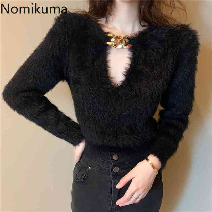 Nomikuma Autumn Soft Short Women Sweater Korean Chain Hollow-out Knitted Tops Long Sleeve O-neck Pullover Knitwear 6C566 210427