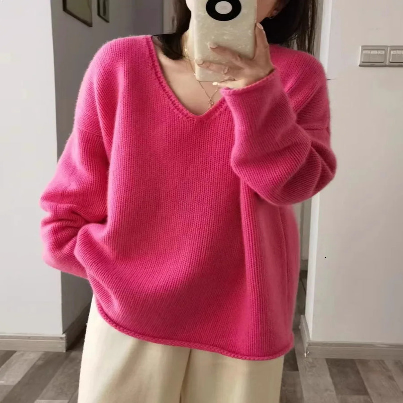 AutumnWinter y cashmere sweater womens pink Vneck drop shoulder loose pure wool 241216