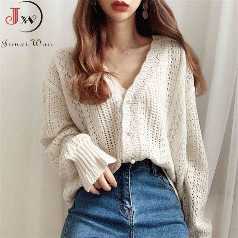 Fashion Women Cardigans Sweater Autumn V Neck Elegant Knitted Long sleeve Hollow Out Sexy Tops Pull Femme Casual Coat 210917