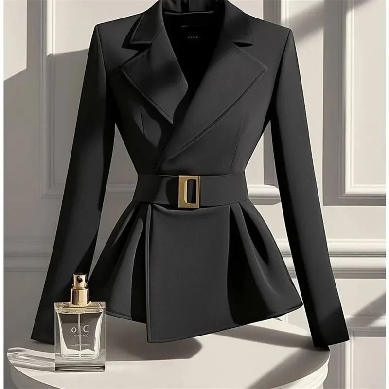 High End Fashion Suit Jacket Women Office Lady Elegant Long Sleeve Coat Slim Waist Belt Irregular Hem Outwear 250905