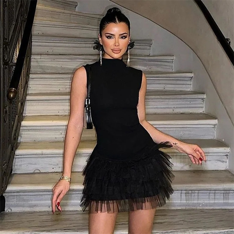 Black Sleeveless Mesh Patchwork Mini Evening Prom Dresses Womens Summer Sexy Bodycon Slim Dress Party Streetwear 250522