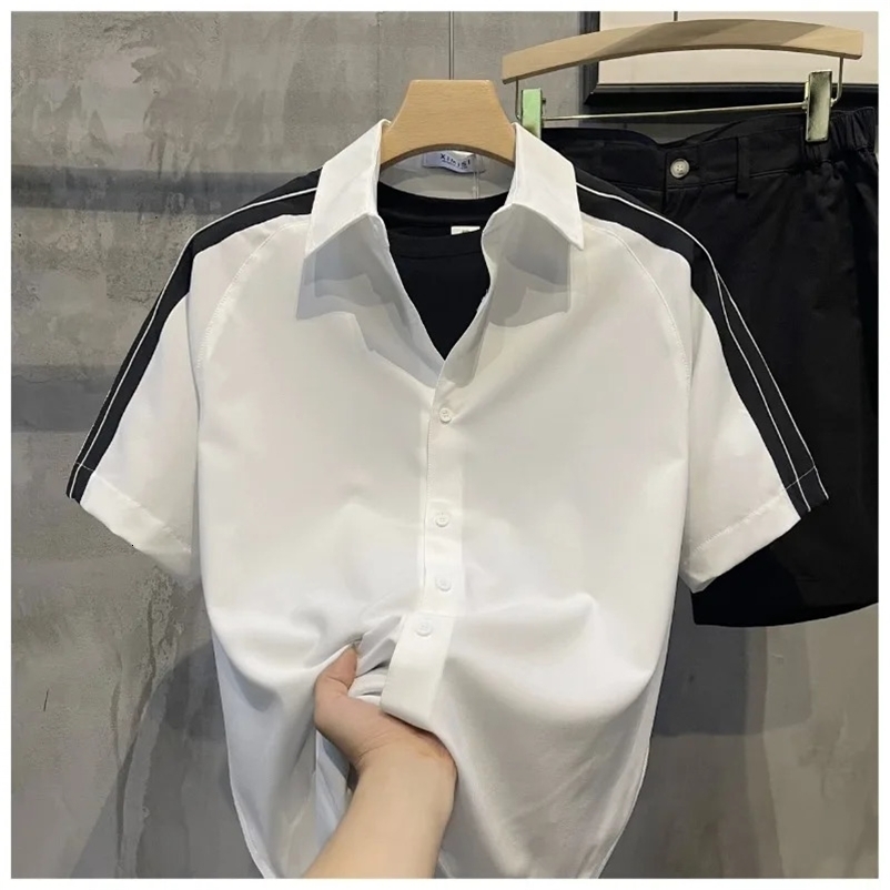 Summer Mens Patchwork Square Collar Button Fashion Solid Slim Fit Comfortable Minimalist Casual Short Sleeved Shirts 240530