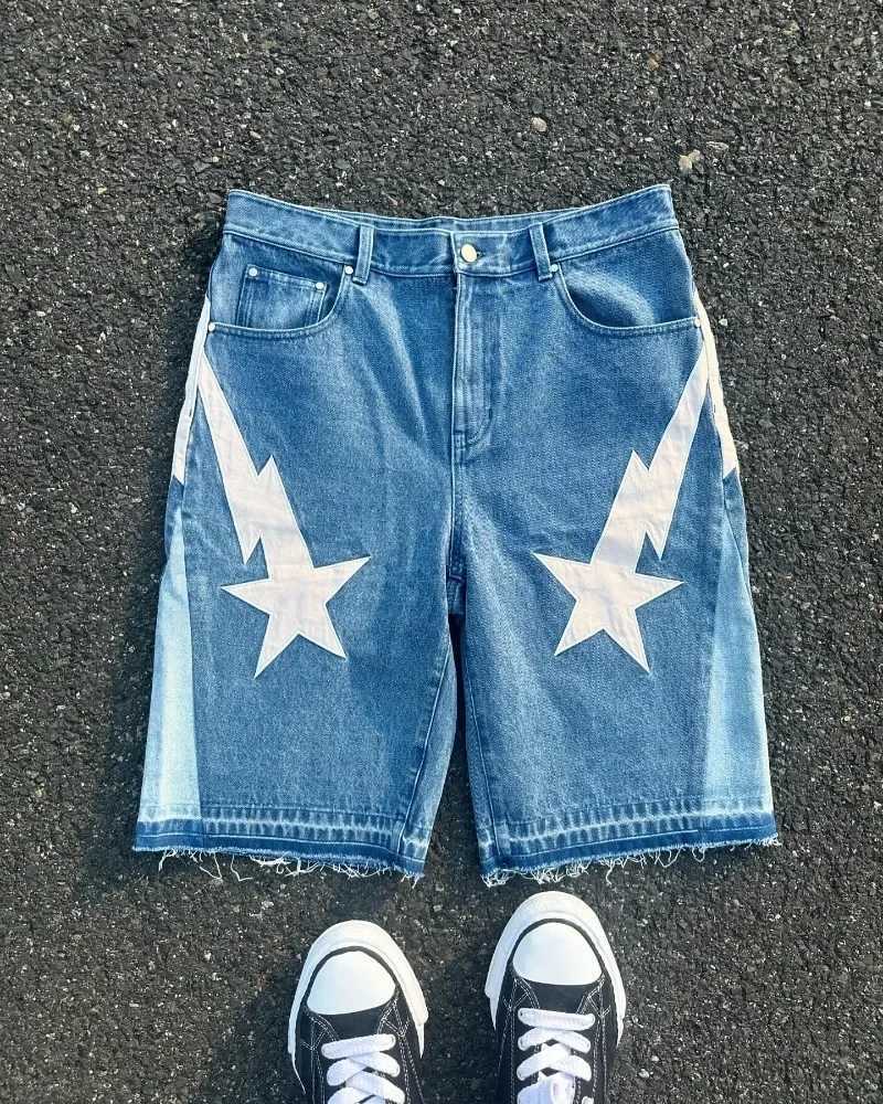 American fashion trend Street style wideleg Jeans for men Y2k embroidered baggy jeans Goth punk High street casual shorts W250925