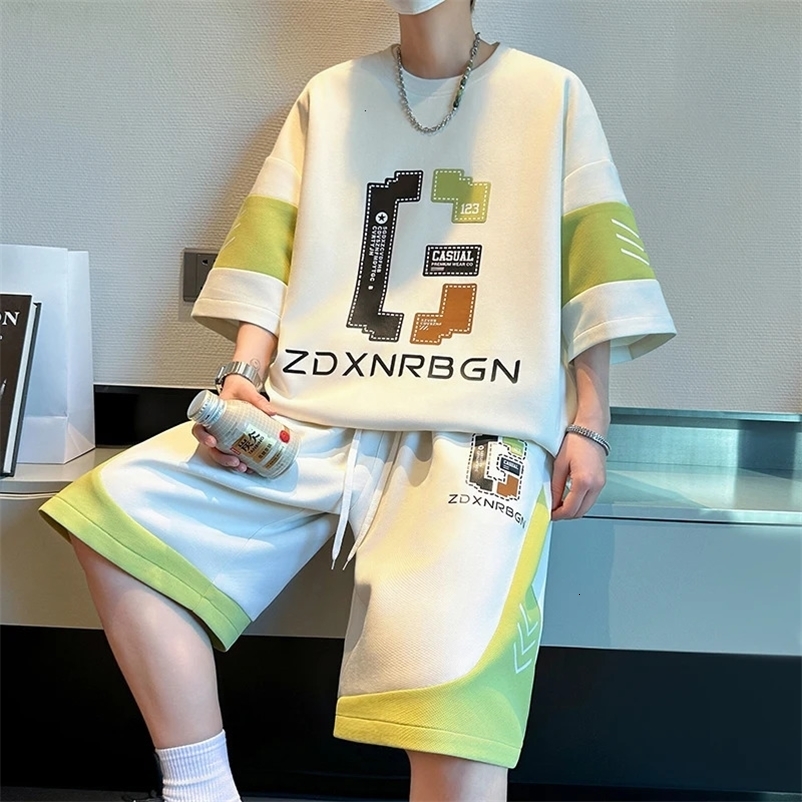 Fashion Summer Casual Loose T-Shirts And Shorts Mens Sets Youth Sports Outwear Top Tees Pant Two Pieces Tracksuit Clothing 240429