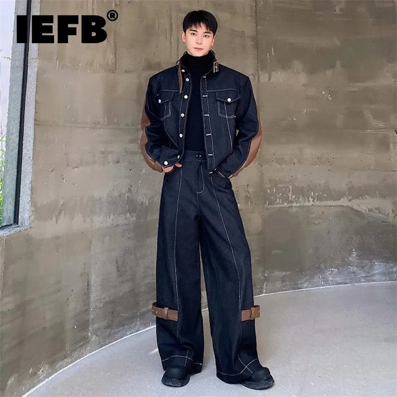 IEFB Thickened Denim Set Mens Wear Trendy PU Patchwork Two-piece Sets Autumn Winter Stand Neck Jacket Wide Leg Jeans 9C3561 240318