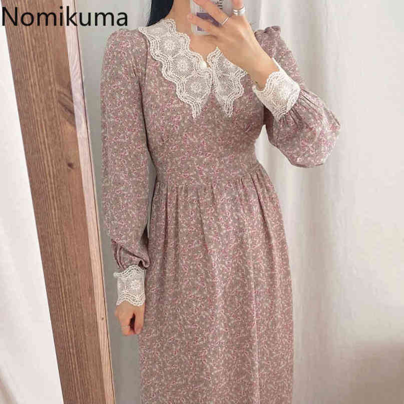 Nomikuma Dress for Women Korean Floral Slim Waist Pleated A-line Dresses Lace Patchwork V-neck Puff Sleeve Elegant Vestido 6F371 210427