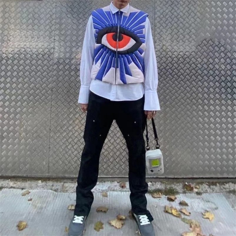 Mens Autumn Winter Eye Printing Y2k Vest Cotton Jacket Essential American High Street Casual Loose Jacket For Men 240518