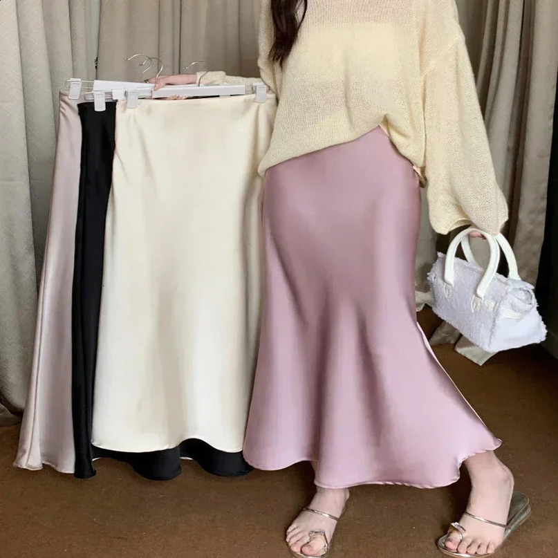 Womens Long Skirt Spring Summer Satin Silk Aline High Waist Ladies Korean Fashion Solid Pink Fishtail Skirts for Women 250305