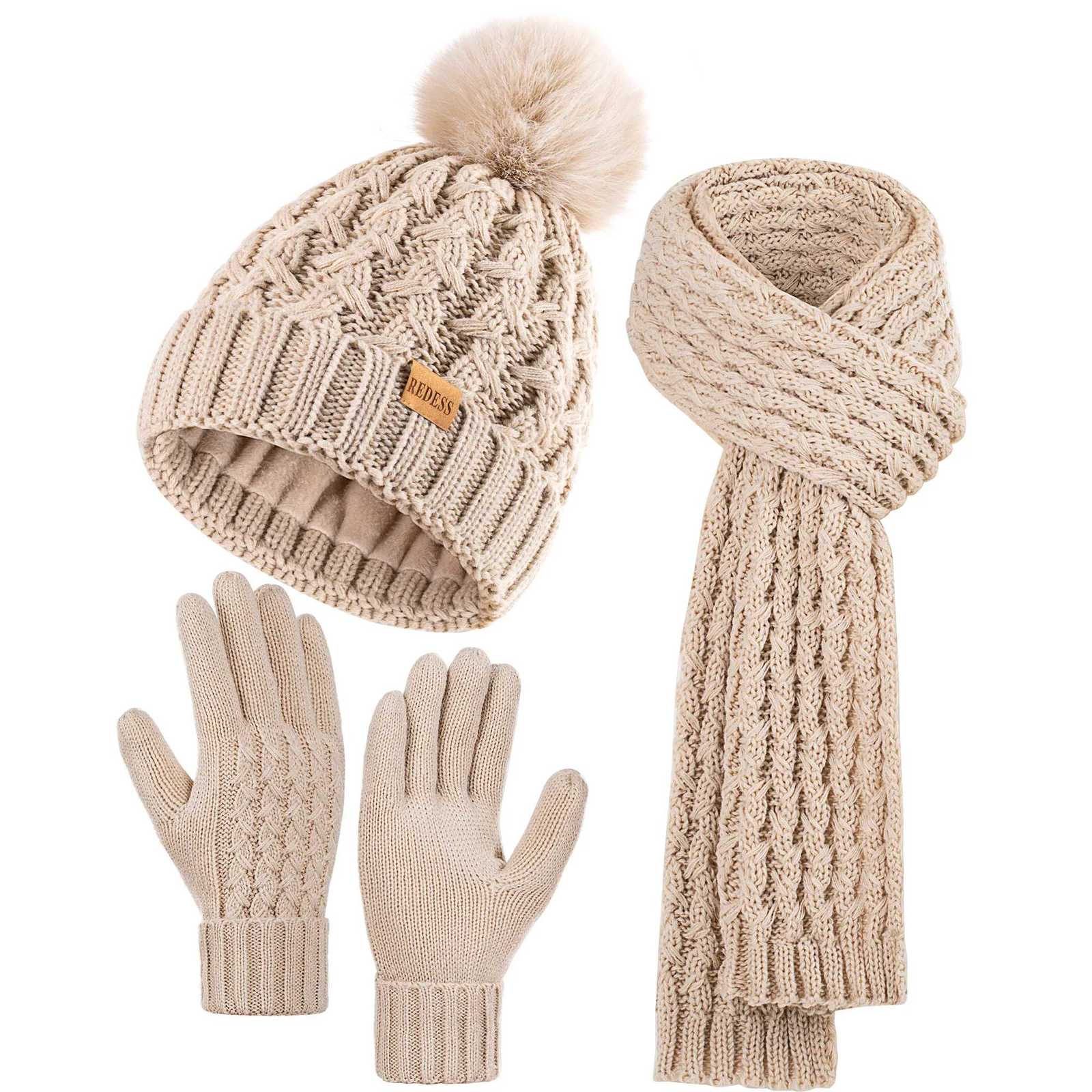 Ensemble chapeau, écharpe et gants tricotés de couleur unie pour l'hiver, chauds, doublés de polaire, épais, haut de gamme pour femmes, Q261020