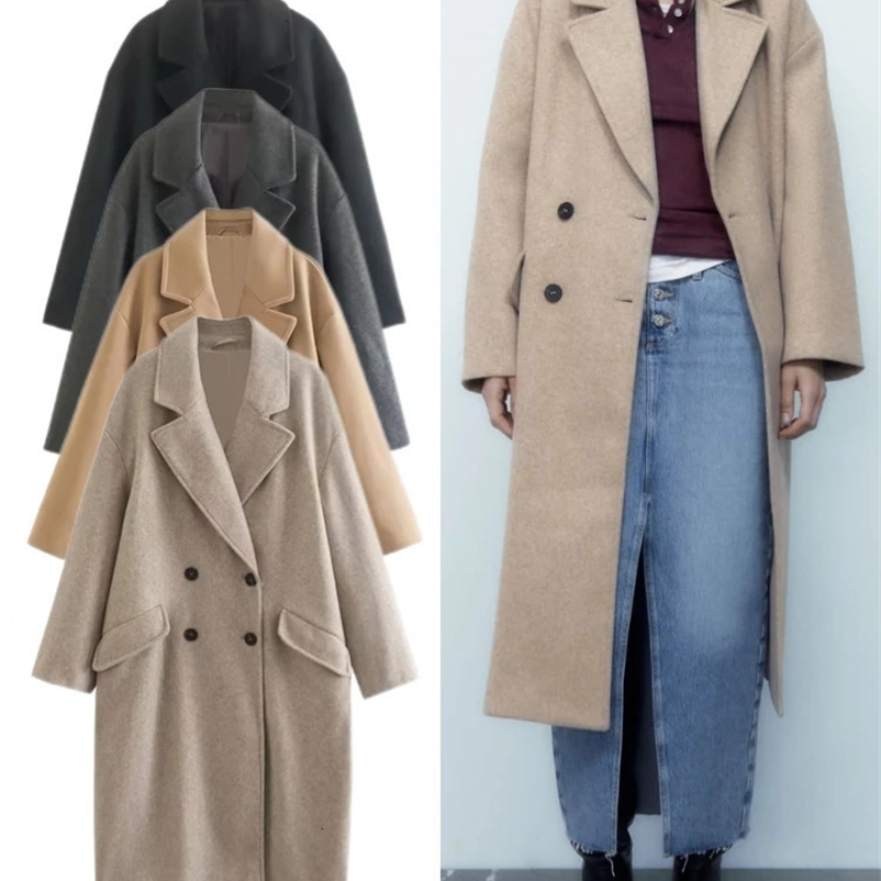 Women's Wool Blends Women's Fall Winter Fashion Lapel Loose Mid-length Pocket Woolen Coat Double Breasted Long-sleeved Warm Female Chic Ov