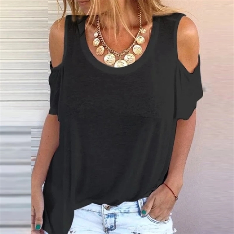 Women's Summer O-Neck Short Sleeve Tee Shirt Casual Loose Plus Size Solid Color T Shirt Sexy Off Shoulder Harajuku Clothing Tops 210722