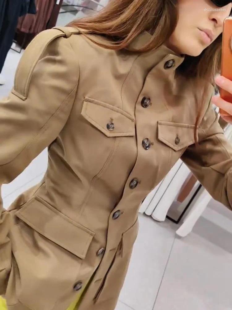 Women's Jackets 2025 Autumn Stand Collar Trench Coats For Women Y2K Long Sleeve Pockets Waist Jacket Chic Street Lady Single Breasted