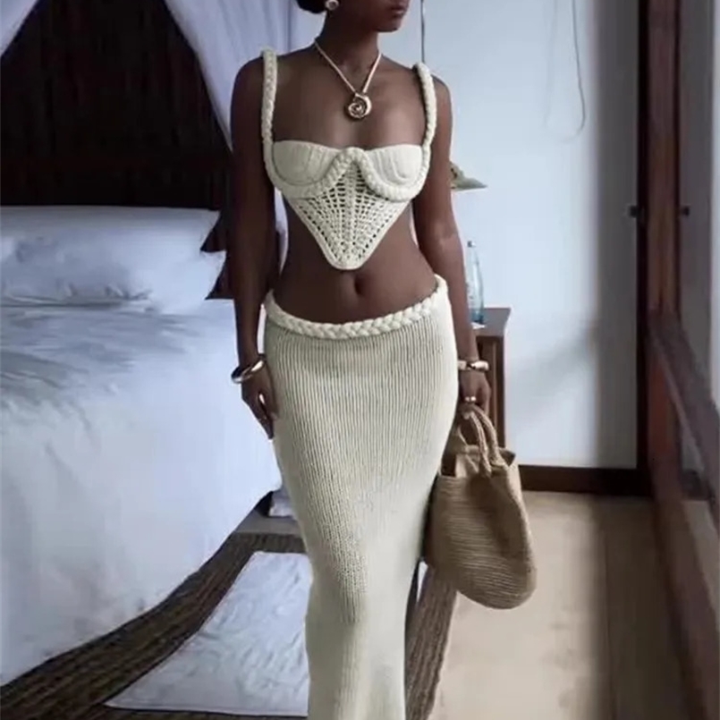 Weird Puss Crochet Shirring 2 Piece Set Women Cross Bandage Backless Irregular TopsSolid Long Skirts Vacation Beach Style Suits 250610
