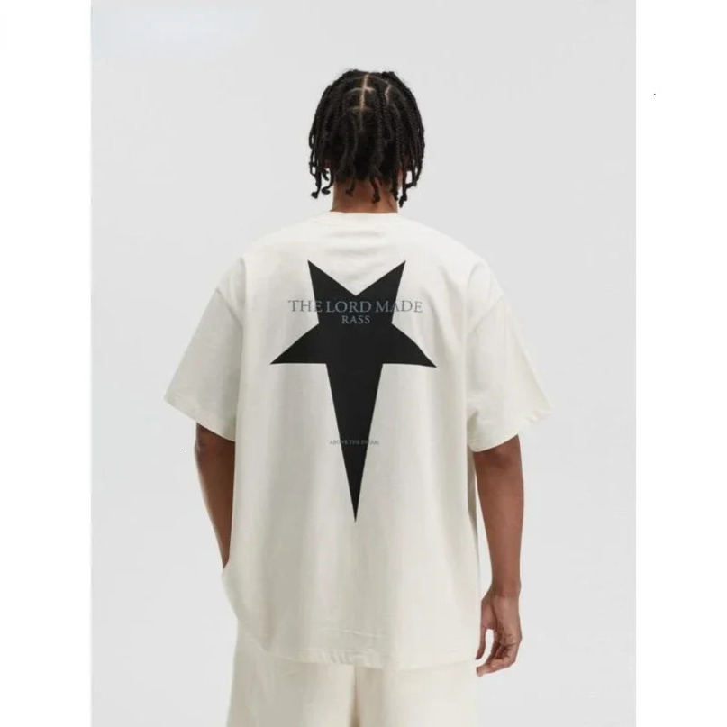 Summer Mens 100% Cotton Fun English Letter Five Pointed Star Pattern Printed Retro Street Fashion Sports Casual Tshirt 240528