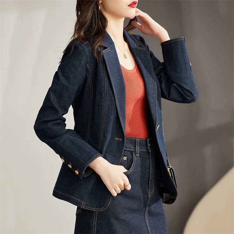 Spring Autumn Denim Blazer 2024 Womens Long Sleeved One Button Short Jeans Jacket Ladies Slim Cowboy Coats Outerwear Female 250619bj