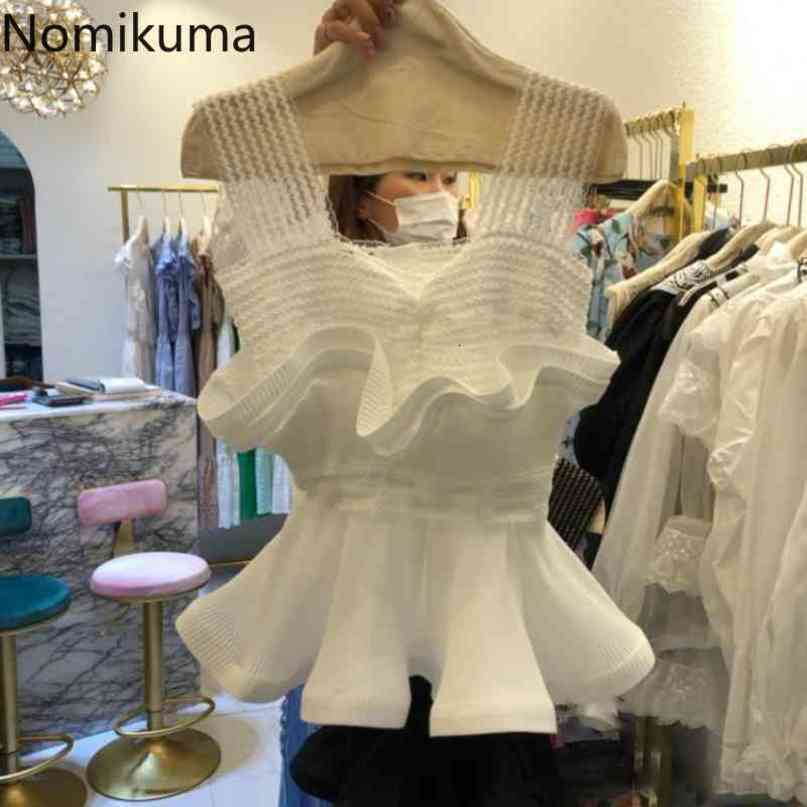 Nomikuma New Lace Patchwork Mesh Slim Wiast Ruffle Tanks Top Korean Sleeveless Women Camis Summer Fashion Sling Tops 6H229 210427