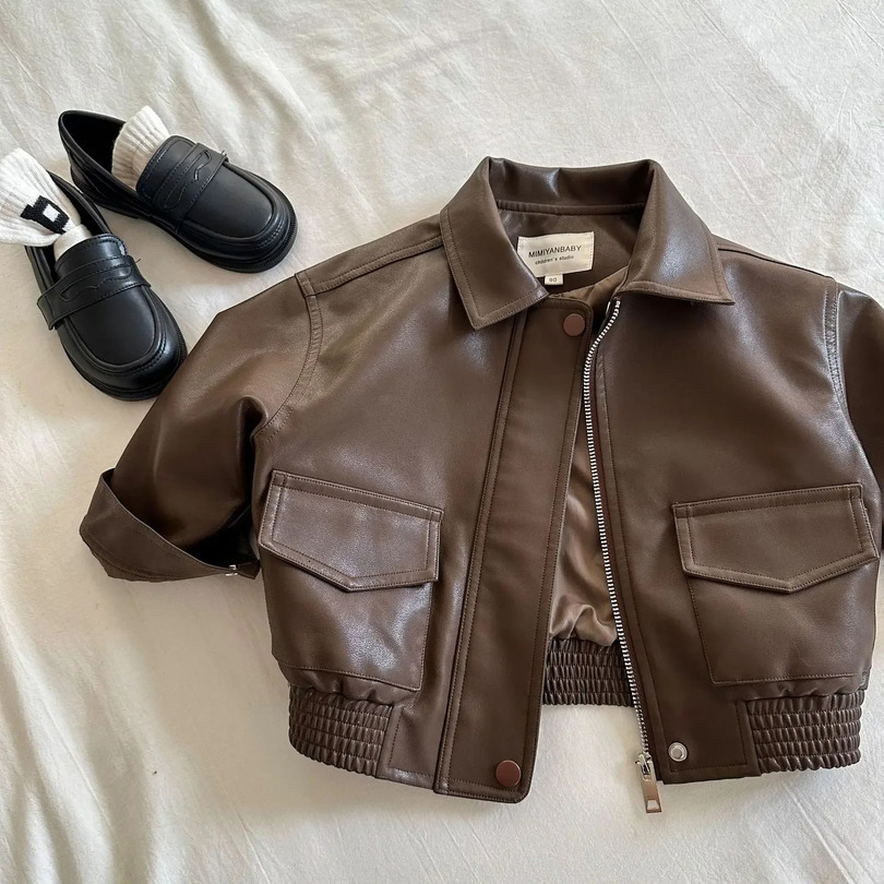 Childrens Jacket Autumn Solid Color Collar Leather Jacket Suitable for Boys and Girls Baby Short Coat Trend Simple 241010