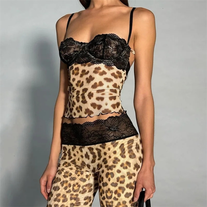 Lace Patchwork Leopard Print Sheer Mesh 2 Piece Set Women Sexy Camisole Crop Tops Flare Pants Party Clubwear Holiday Suits 250312
