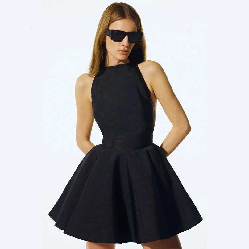 Womens Summer Round Neck Sleeveless Sexy Big Open Back Cinched Waist Bow Tie Dress 240513