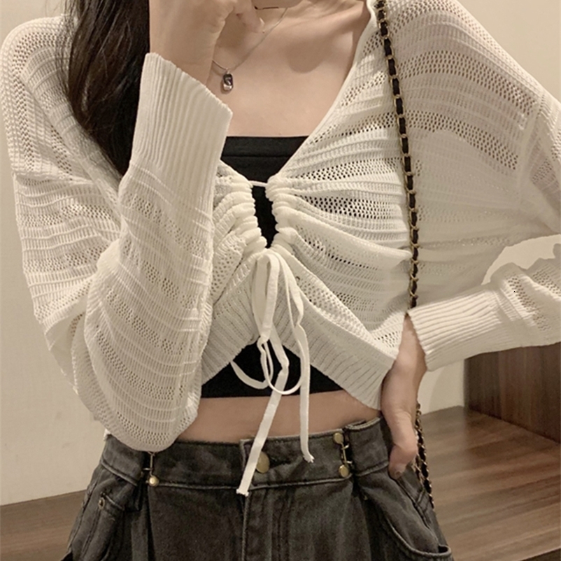 Women's Knits Tees White Cardigans Woman Korean Style Slim Knitted Cardigan Female Sweet Fashion Casual Hollow Out Cropped Knitwear Tops Ladies