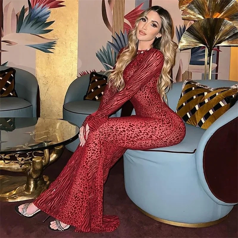 Red Leopard Print Maxi Dress Women Sexy Mesh See Through Backless Slim Dress Fashion Flare Sleeve Party Club Robe Summer 250326