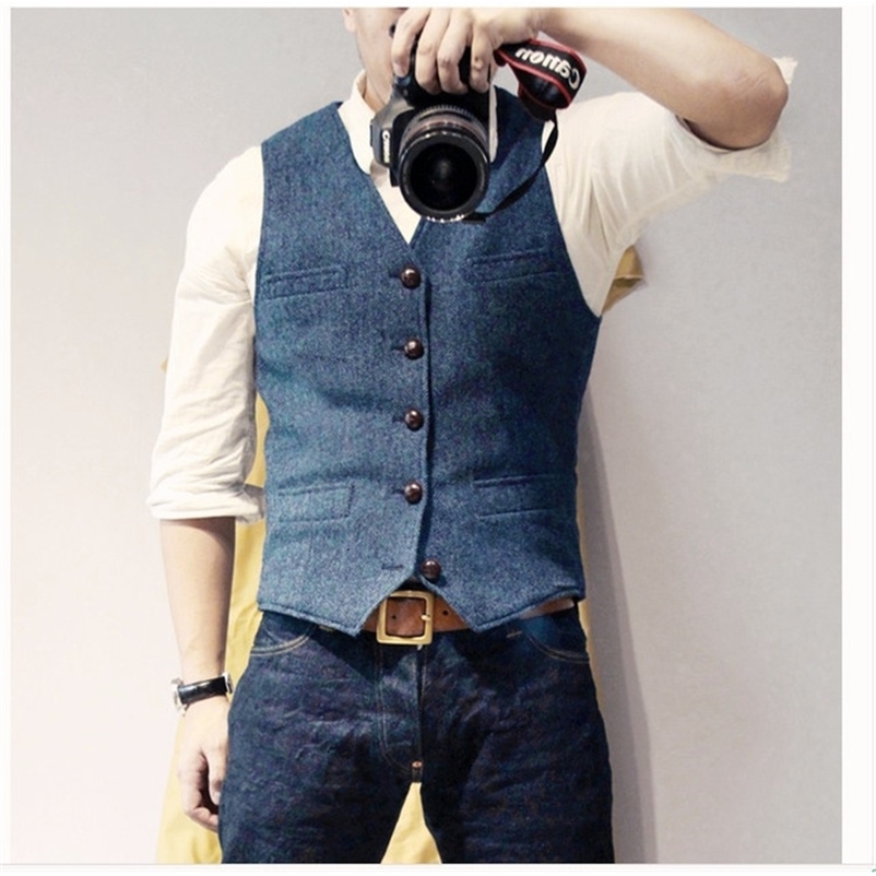 Men's Vests Men's Suit Vest Blue Single Breasted Woolen Blended Mens Vest Denim Jeans Waistcoat Jacket Slim Fit Casual Formal Business 230