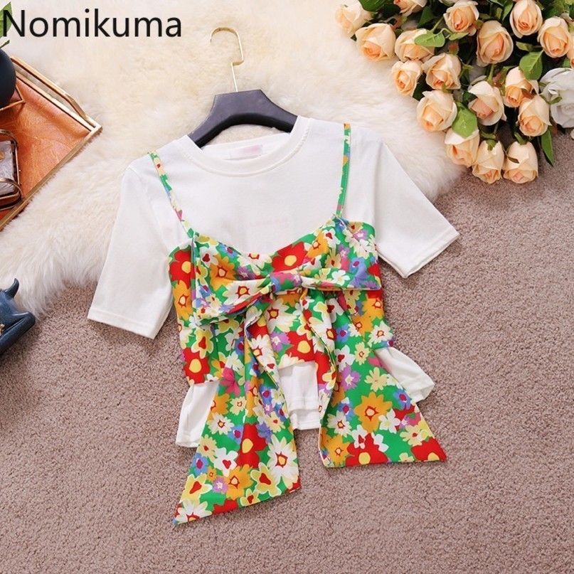 Nomikuma Summer TShirt Sets Short O-neck Slim Graphic T Shirts + Floral Bow Bandage Sling Vest Korean Sweet Suits 6G233 210427