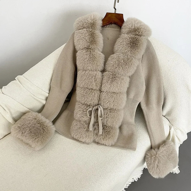 Luxury Fur Cardigan Knitted Winter Sweater Womens Elegant Detachable Leather Belt White Pink Black 240828