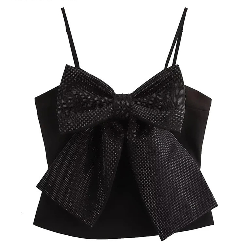 Sequined Bow Women Sling Top Sexy Backless Crop Top Pleated Zippers Female Tank Tops Spring Lady Streetwear Tops 250522