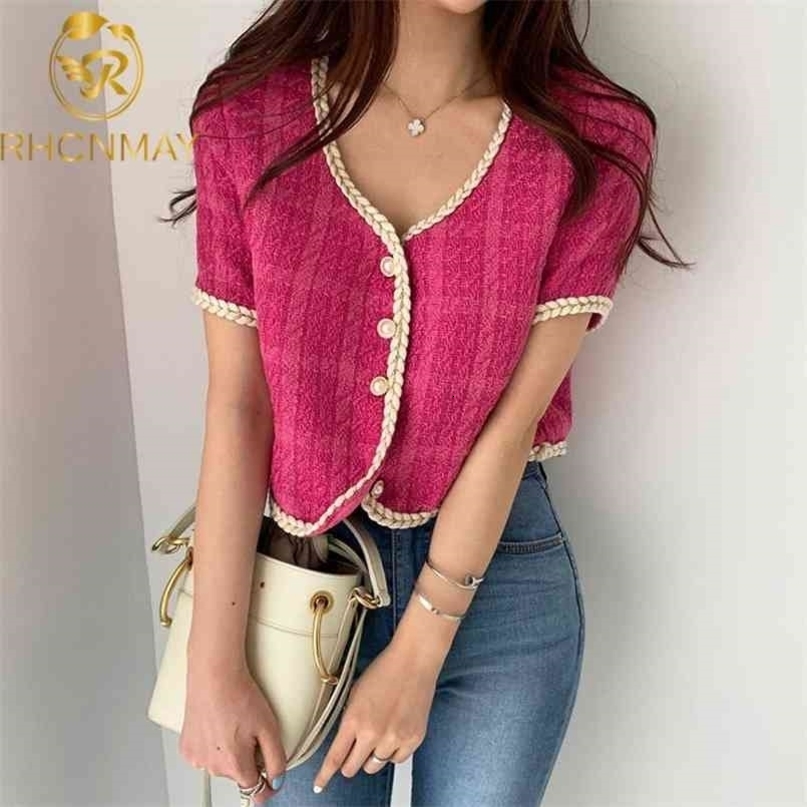 Summer Retro Short Korean Plaid Tweed Coat Women Fashion Short-Sleeved Thin Short Jacket Female Elegant Top 210917
