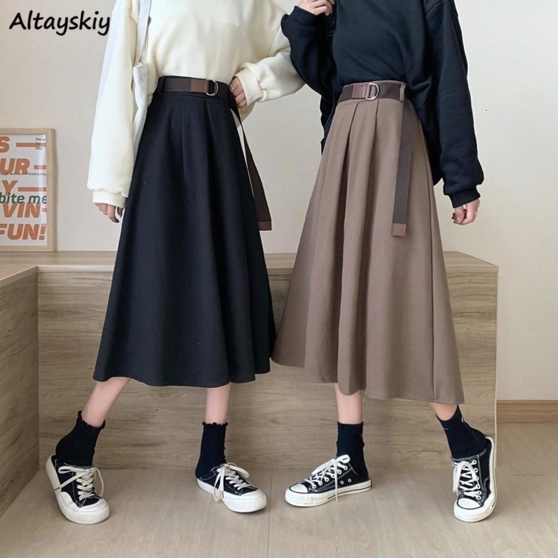 Skirts Solid Women Midcalf High Waist Friends Korean Style Elegant College Spring Autumn Allmatch Jupe Mujer Faldas Female Ins 230224