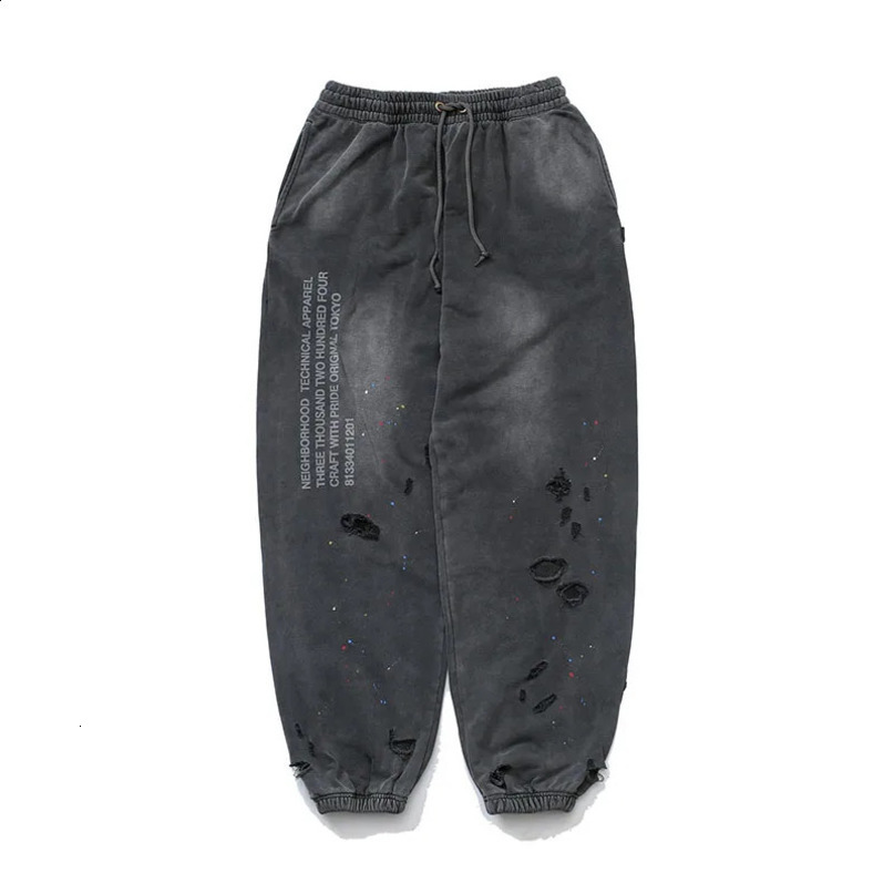 Heavy duty pure cotton NEIGBORWOOD retro Distressed sports pants street casual splash ink letter printing Harajuku mens 240816