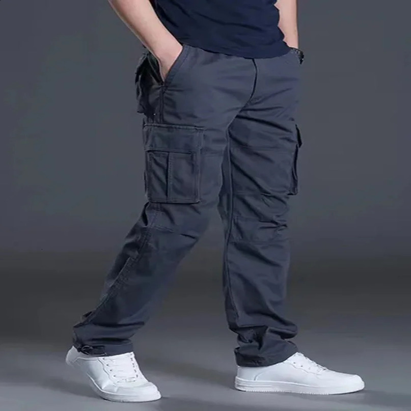 Cotton multi flap pocket mens straight leg cargo pants loose casual outdoor work hiking tactics 240816