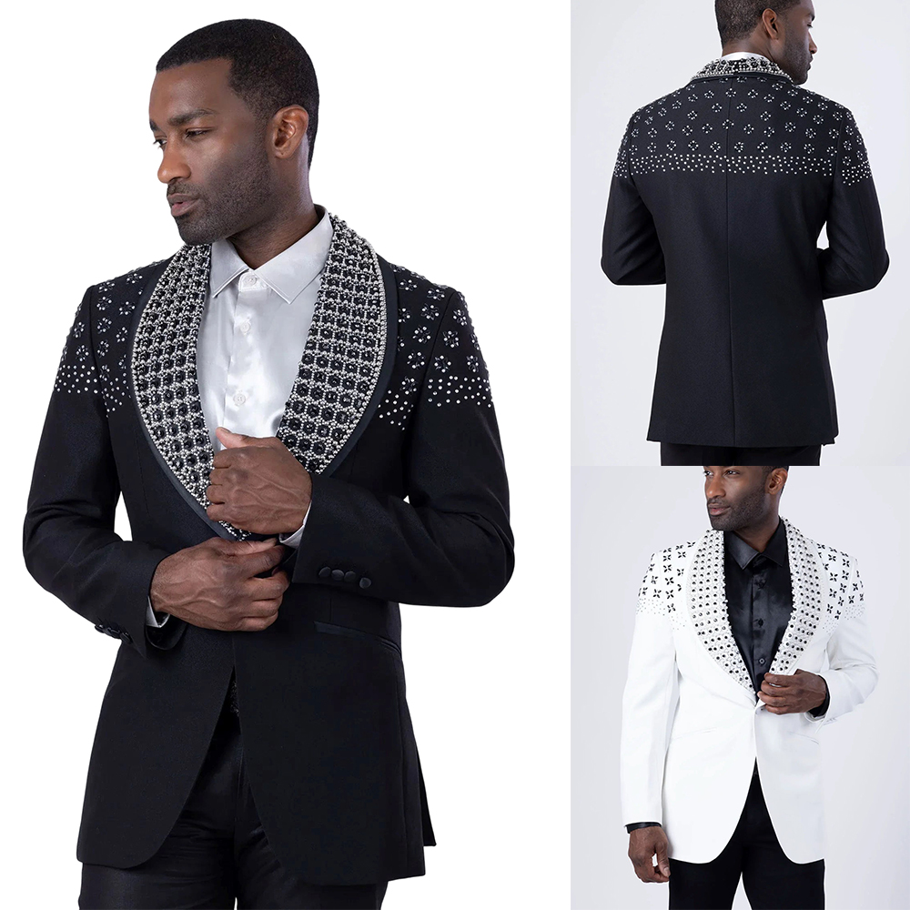 Modern Men's Suit Beading Tailor-Made 2 Pieces Set Shawl Lapel Jacket Pearls Rhinestone Blazer One Button Customized Coat Pants Plus Size