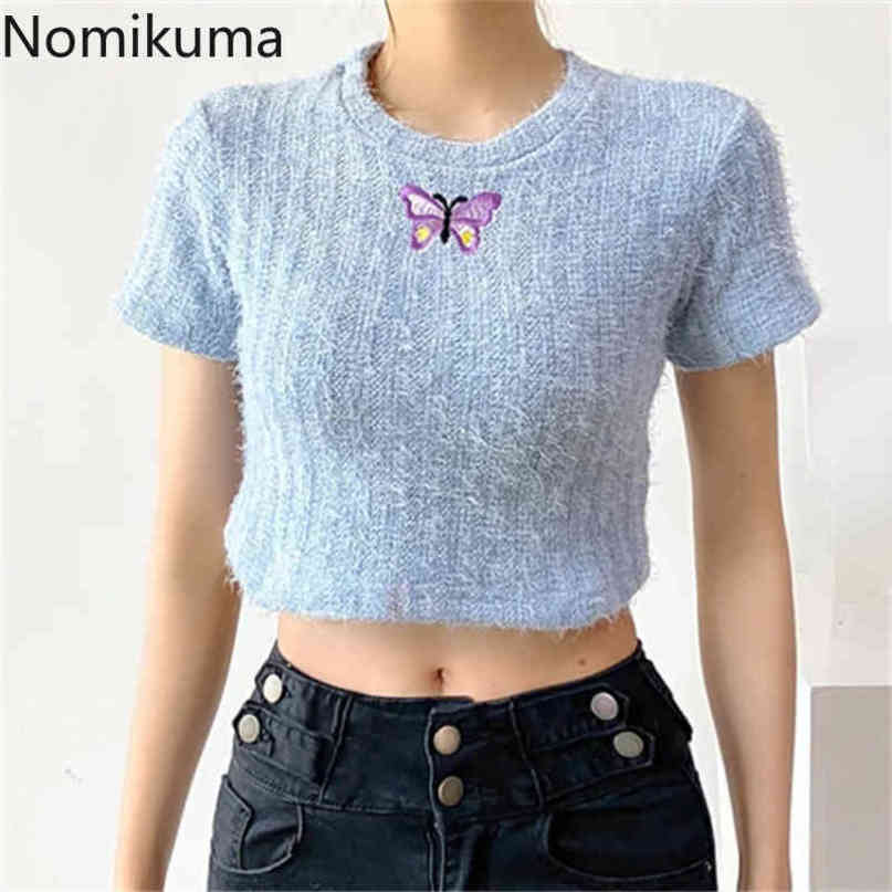 Nomikuma Spring New Knitted Short Sleeve T Shirt Korean Butterfly Embroidery Top Women High Waist Crop Graphic Tees 6G664 210427
