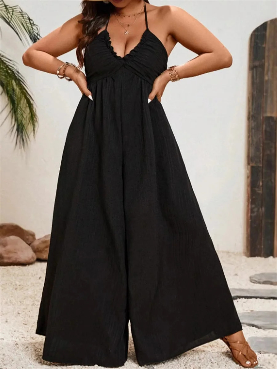 Women Plus Size Rompers Solid Color Sleeveless Halter Neck VNeck TieUp WideLeg Jumpsuits Overalls for Summer Fashion 250731