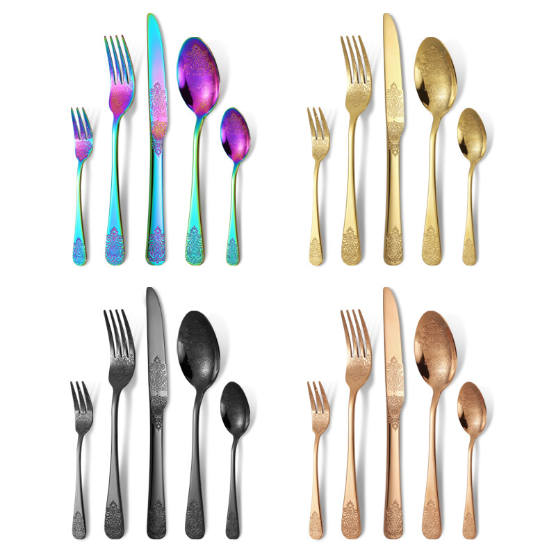 Embossed Dinner Set Flatware Stainless Steel Knife Fork Spoon Cutlery Wed Set Silverware-image-1077112416