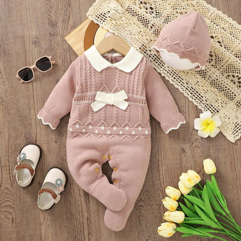 Womens jumpsuit autumn clothing winter pink long sleeved knitted born jumpsuit 0-18 meter toddler clothing 241206