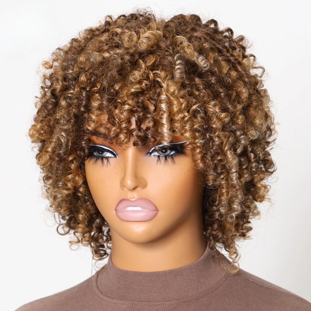 Highlight Blonde Afro Kinky Curly Human Hair Wig With Bangs 180 Density Brazilian Short Bob Bouncy Curly Wigs 13x4 HD Lace Frontal Wig Glueless Ready To Wear 41$