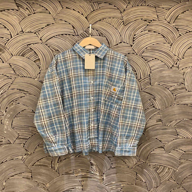 Plaid Mens Casual Shirt Shirts Designer Cotton Brushed Fabric Embroidered Label Patchwork Heavyweight Raw Edge Unisex Couples Top Sizes M260716